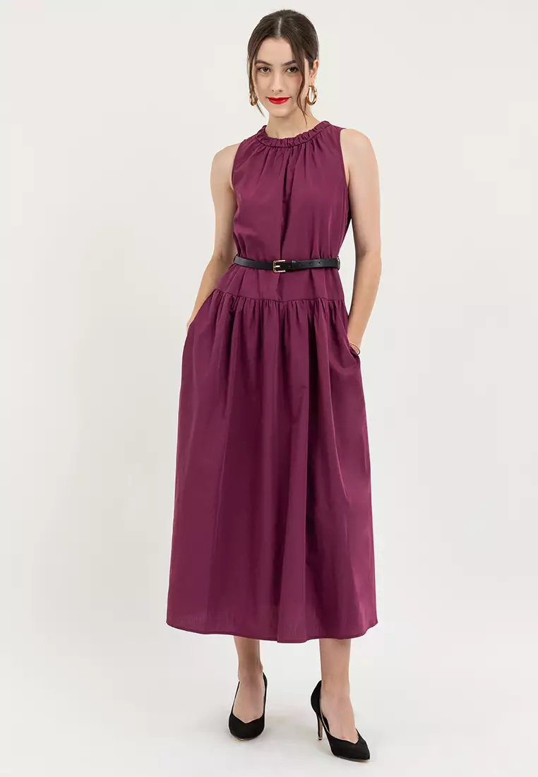 Cherino Shirred Neckline Belted Dress