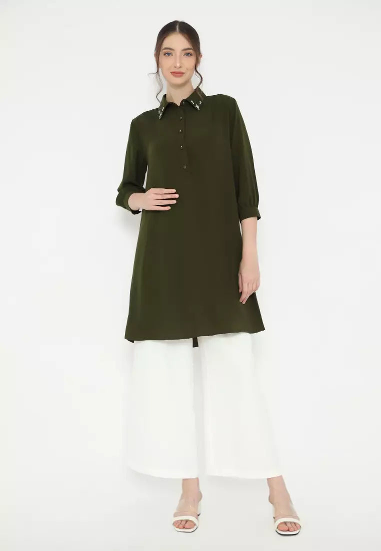 Plain Tunik In Army Green With Pearl Detail By Brilliant Girl Warna HIJAU