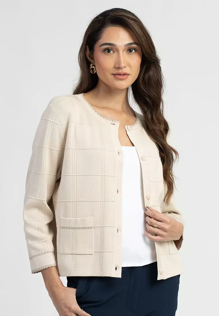 Naya Grid Knit Cardigan with Patch Pockets