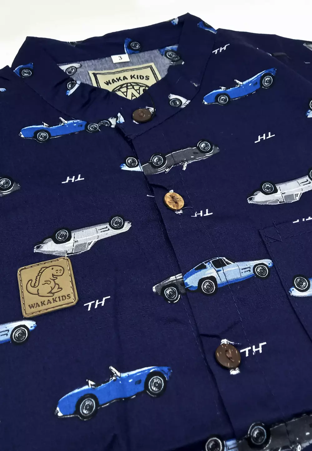 Wakakids Kemeja Anak Laki Laki Usia 1 Tahun Hingga 8 Tahun Atasan Baju Kerah Shanghai Mandarin Collar Motif Race Car Navy Full Printing 4263 Vensk