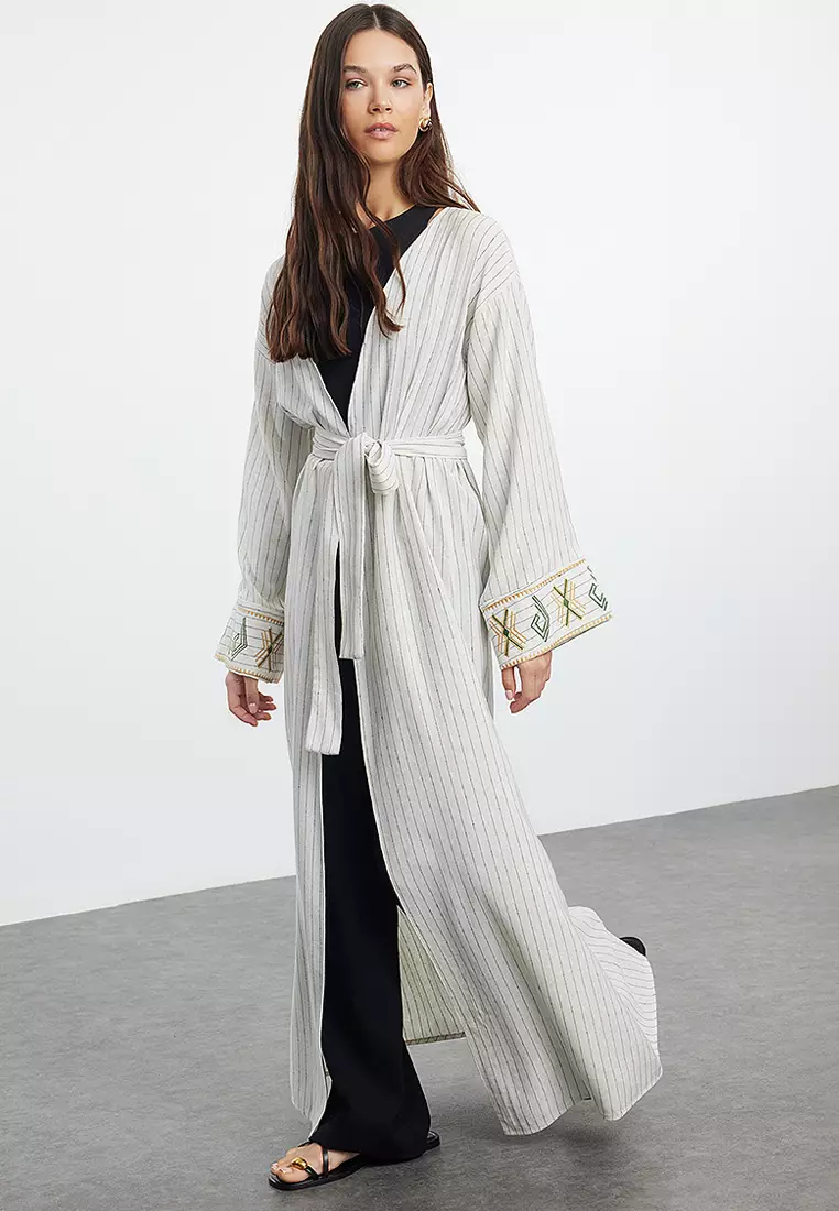 Beige Linen Cotton Red Stripe Abaya main image 0