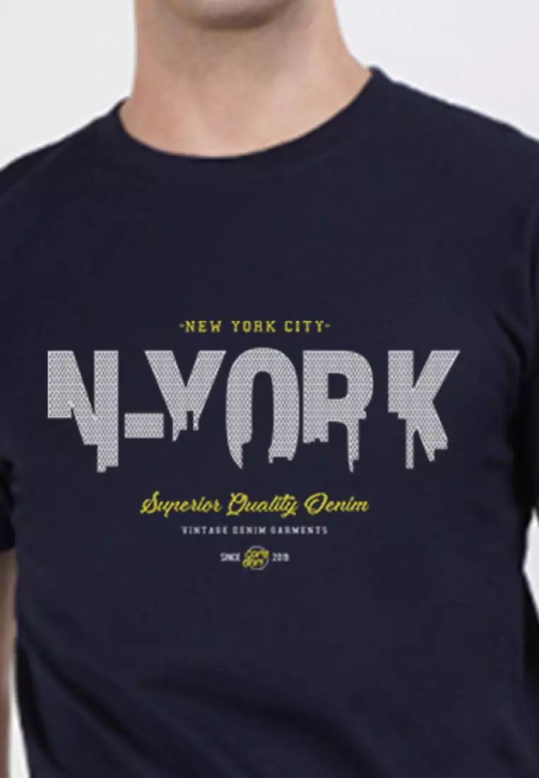 N-York Print Graphic Navy Blue Cotton Short Sleeve Crew Neck Relaxed Tee