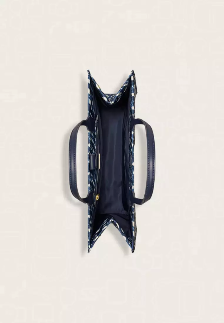 Tory Burch Ella Printed Tote Navy Warped Gingham