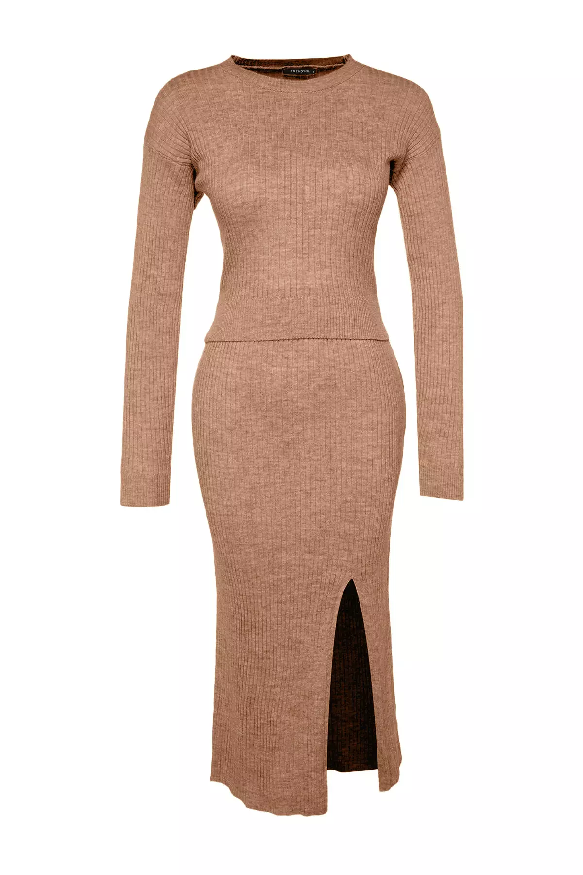 Camel Crop Skirt Knitwear Bottom-Top Set