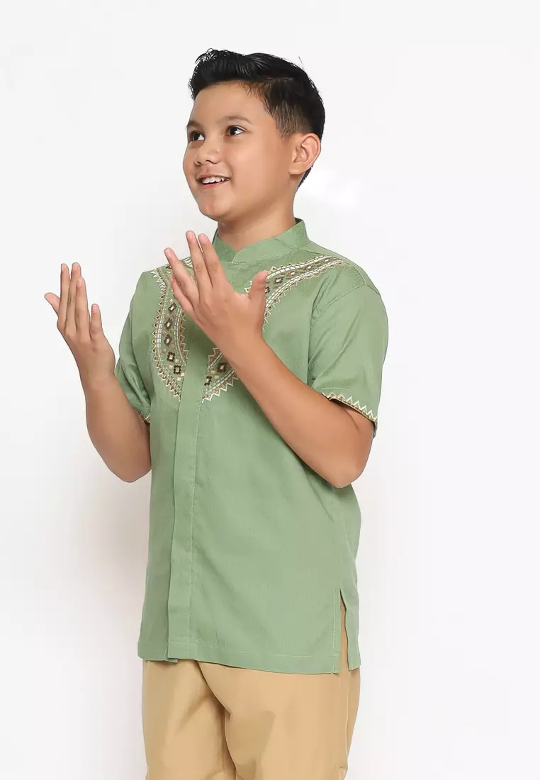 Baju Koko Set Anak Laki Bordir Viral Light Green - GENUINE
