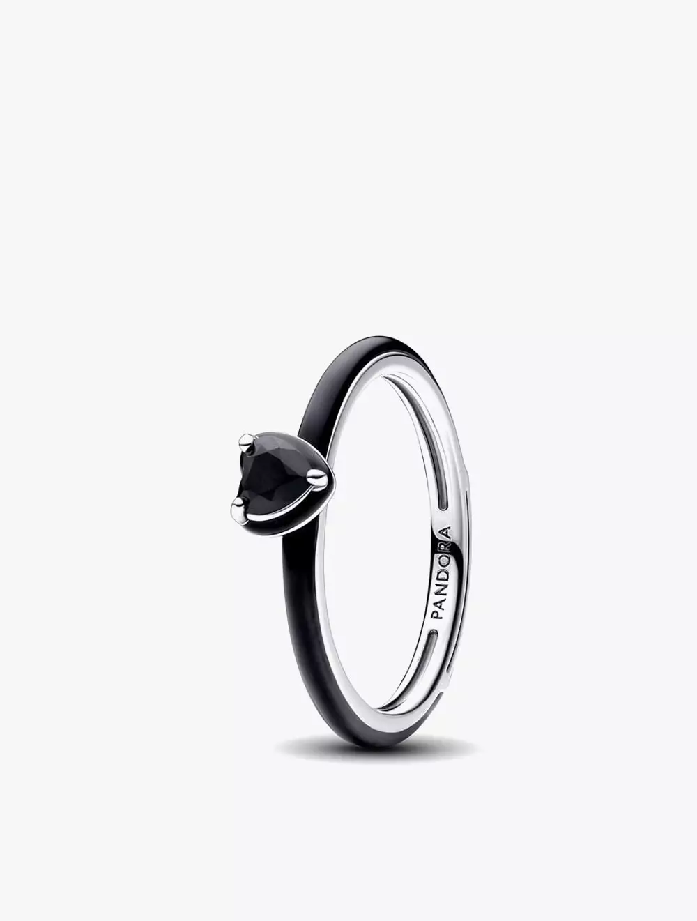Heart sterling silver ring with black crystal and black enamel