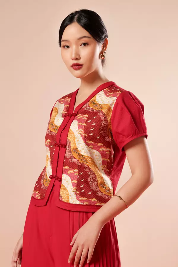 MINIMAL x Melvee - Liena - Printed V Neck Top - Red