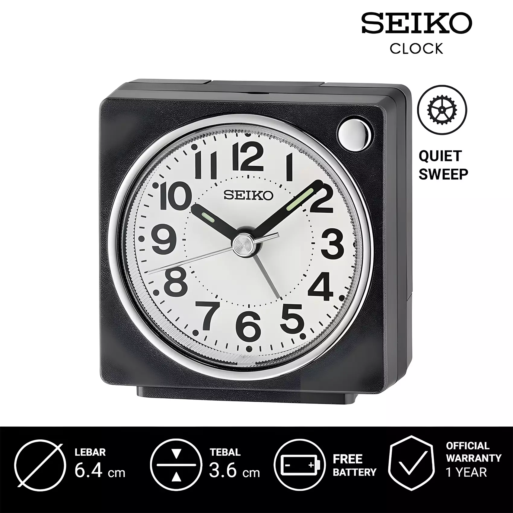 Seiko Beside Alarm Clock - Jam Wecker Beker - Quiet Sweep Second Hand - Black Plastic Case - QHE196K