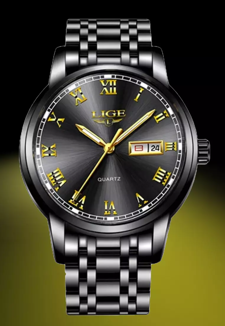 Unisex Day/Date IP Black Stainless Steel Quartz Watch on Steel Bracelet