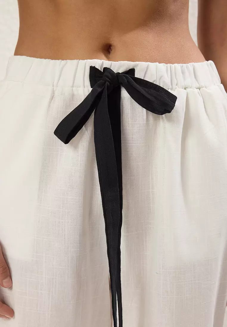 Beachwear Ecru Woven Tie Detail 100% Cotton Trousers TBESS25PL00010