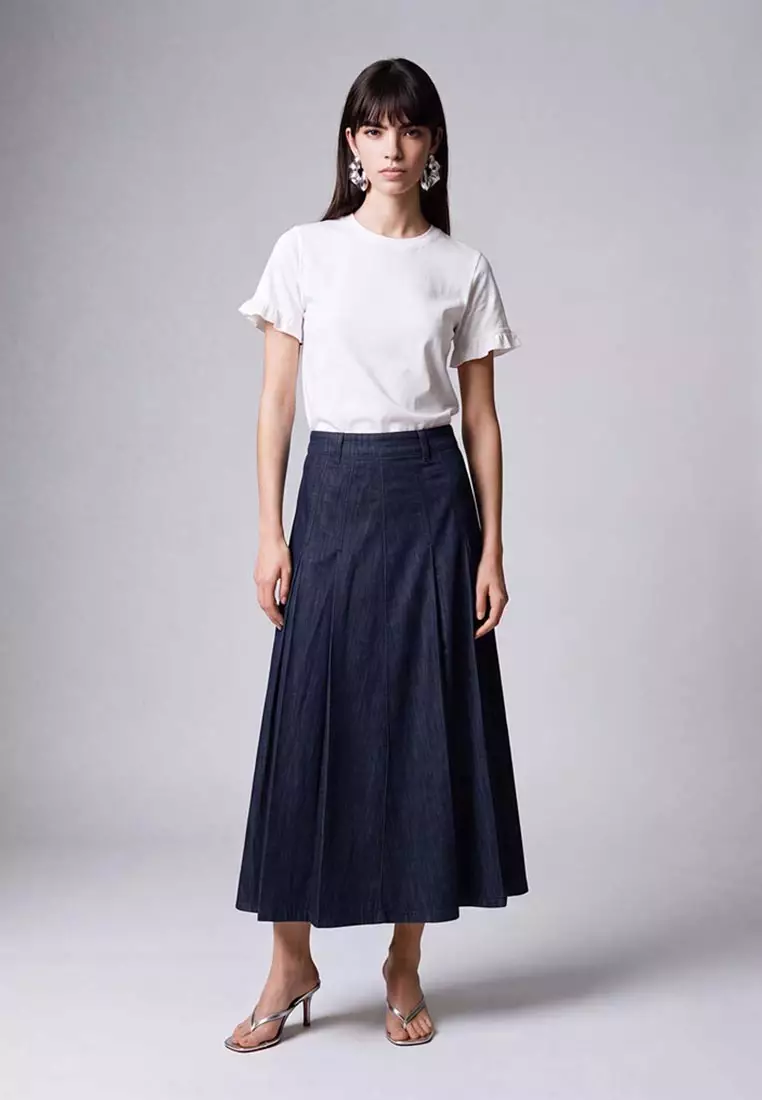 Denim A-Line Midi Skirt With Belt Cotton Blend Loose