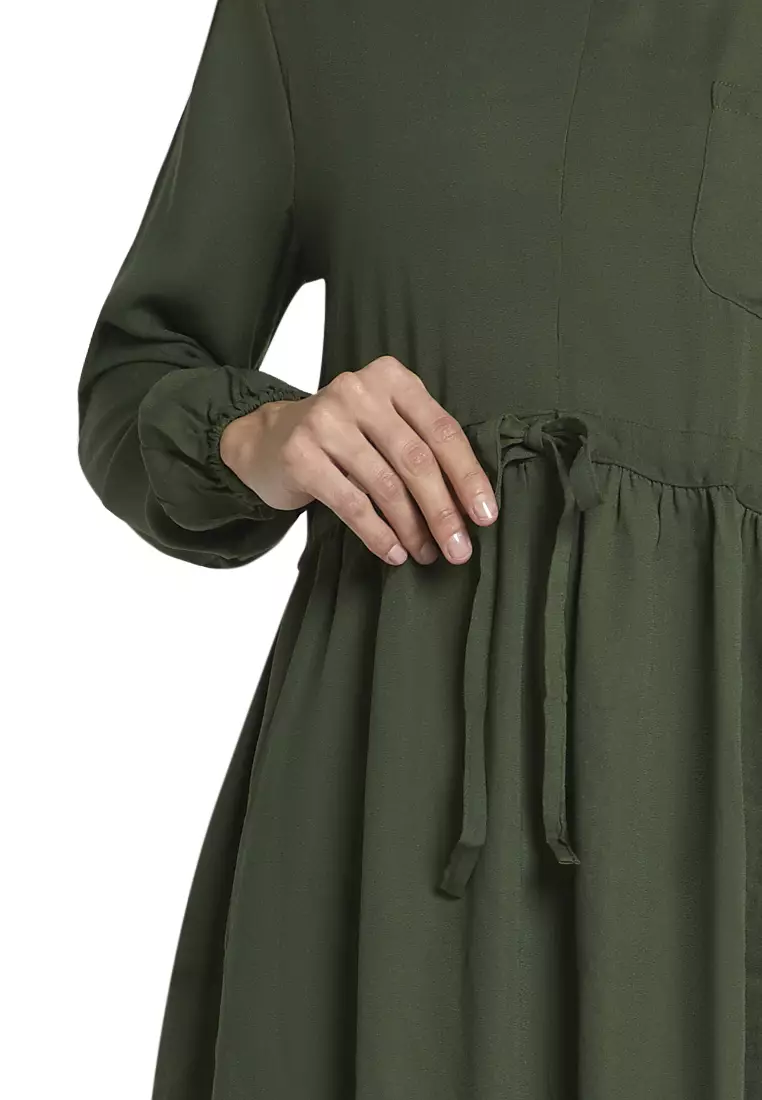 Leyna Mini Dress Wanita Long Sleeves Motif Solid Design Casual Regular Fit - Army