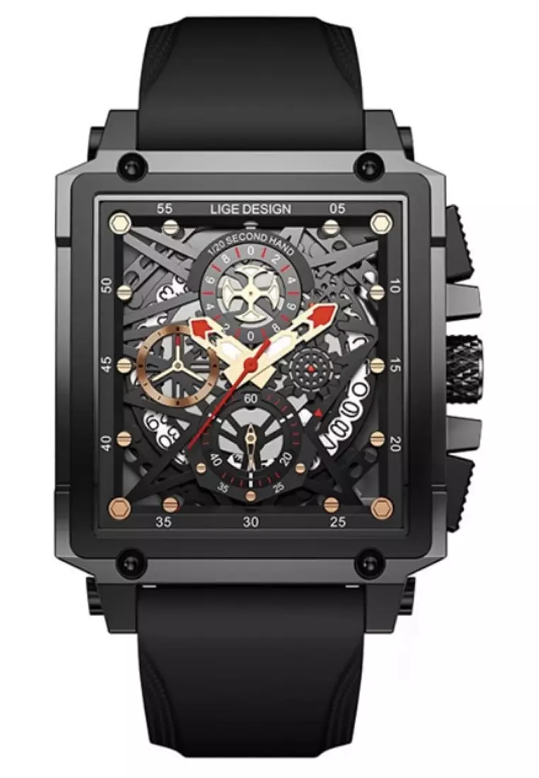 LIGE Skeleton Unisex IP Black Stainless Steel Chronograph Quartz watch 42mm W x 45mm H on Black Rubber Strap