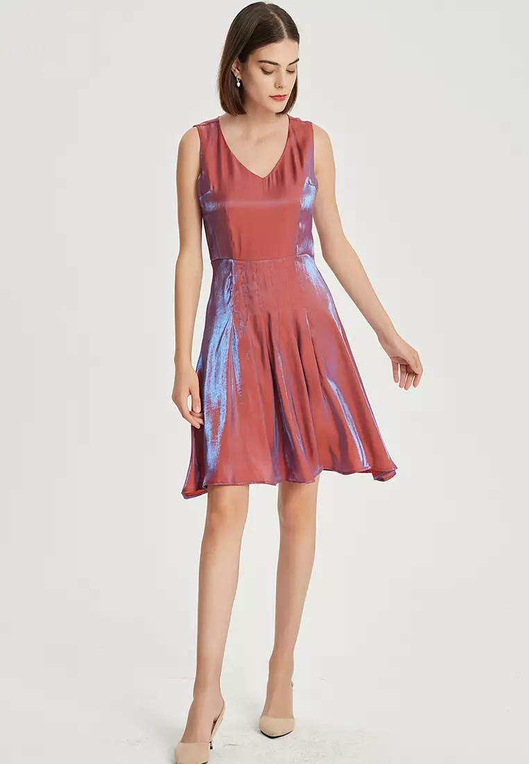 V-neck color-changing glazed satin one piece dress B22041204RD