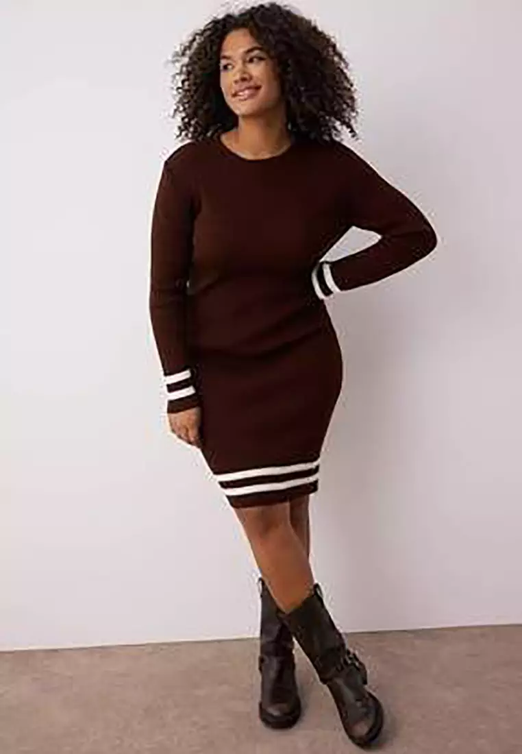 Brown Striped Detailed Ribbed Knitwear Dress Tbbaw24Ah00019