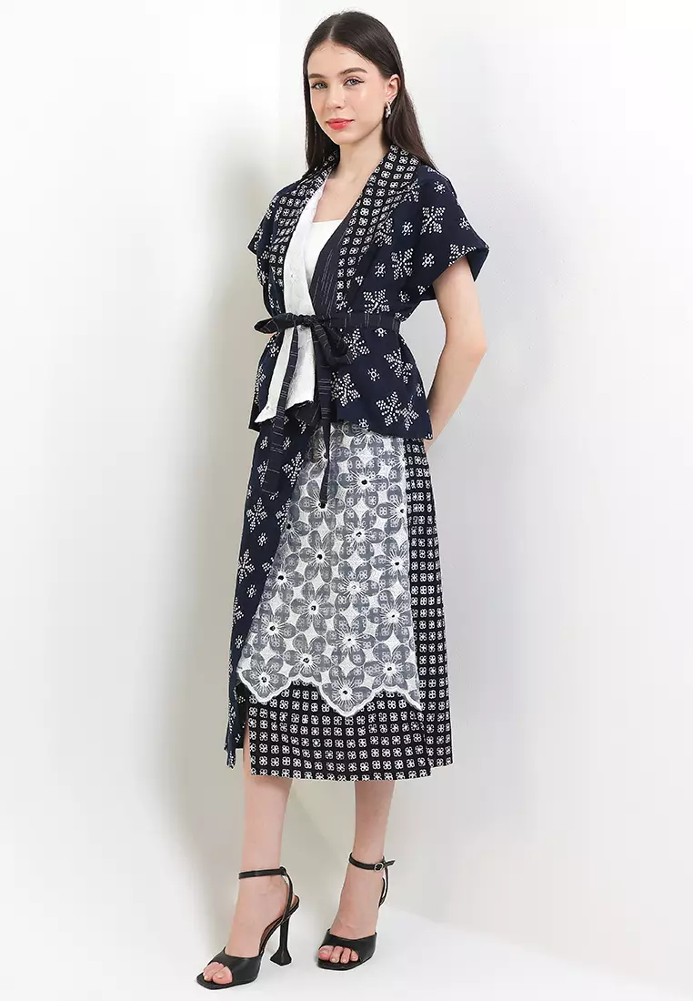 Setelan Outer Vest Cardigan Batik Cap Dobby Atasan Wanita dan Bawahan Rok Midi Spesial JFW Collection Binar Arula Navy