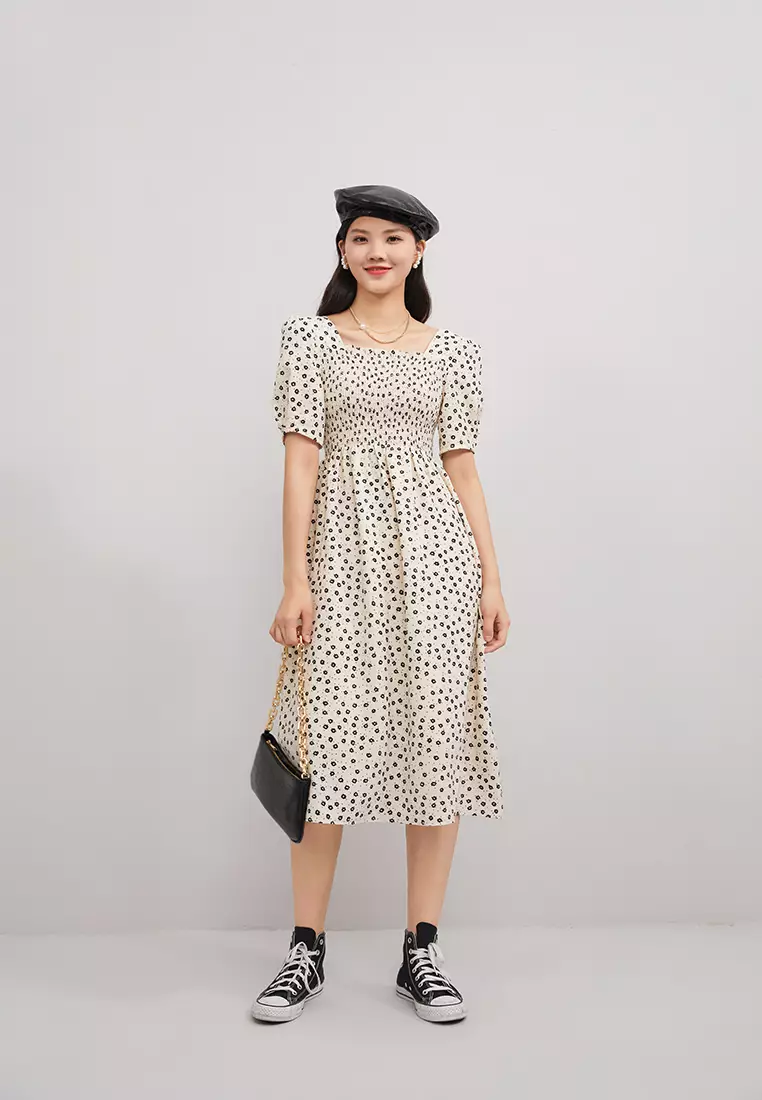 Square Neck Textured Floral Long Dress