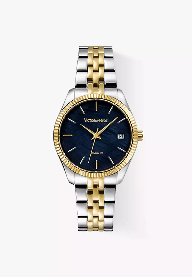 Women's Watch 32mm Round Black River Scallops Dial Stainless Steel Strap Calendar Function Rose Mary- Black