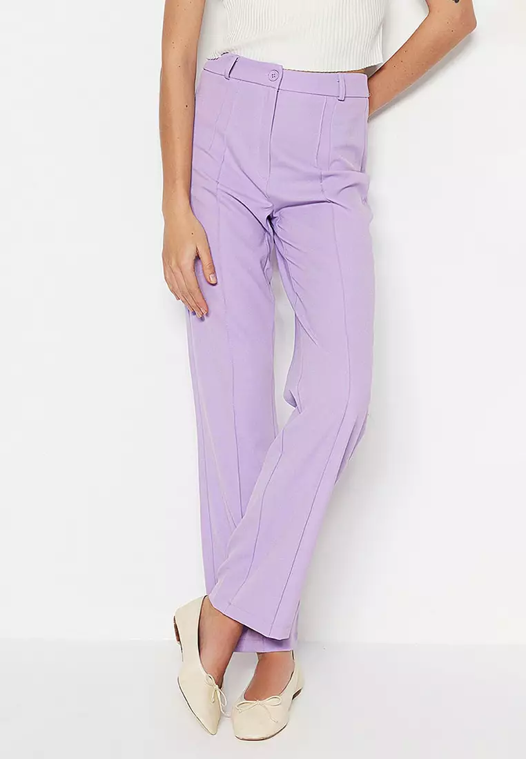 Lilac Straight High Waist Ribbed Stitched Woven Trousers