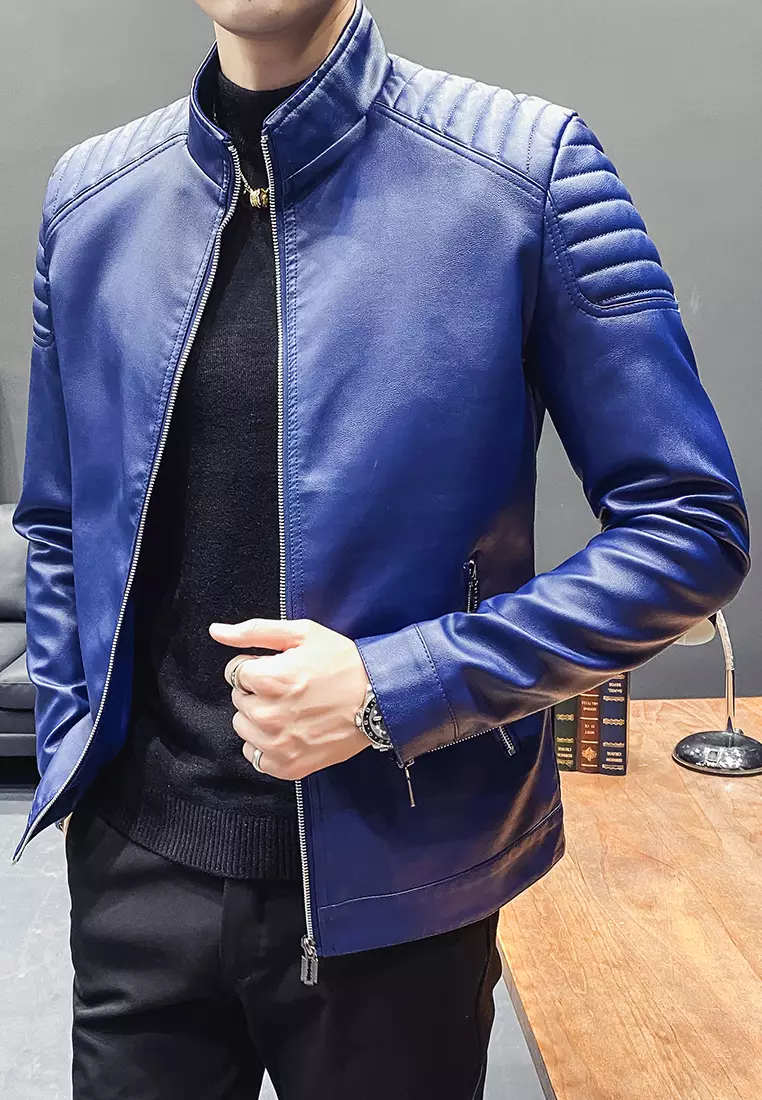 Mens blue new arrivals leather biker jacket