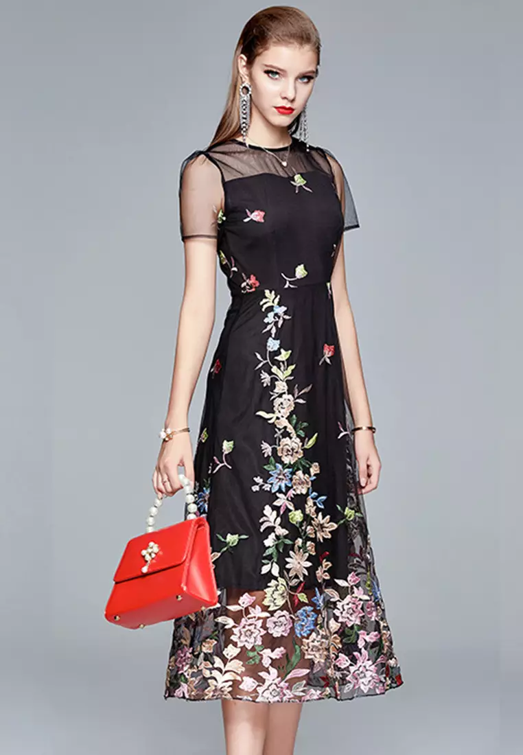 Buy Sunnydaysweety Tulle with Embroidered Floral Midi One Piece Dress ...