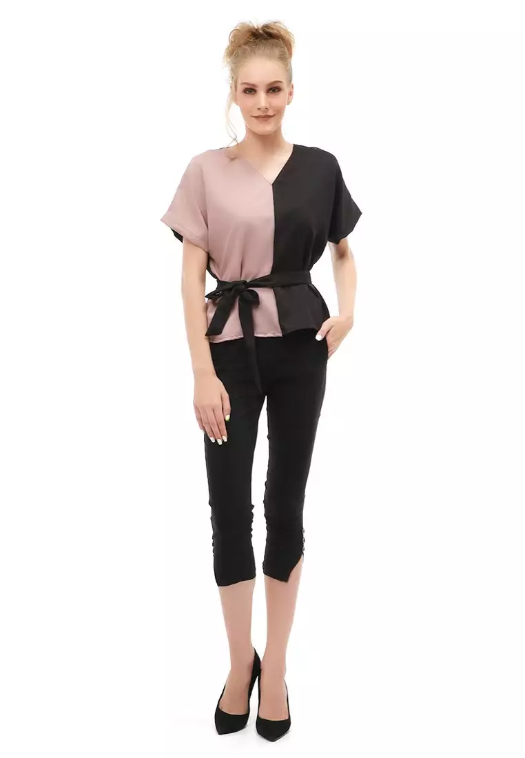 Cheva Blouse Atasan Wanita Kasual Tali Ikat Samping Kombinasi 2 Warna Material Moscrepe ORIGINAL