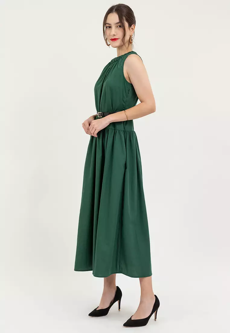 Cherino Shirred Neckline Belted Dress