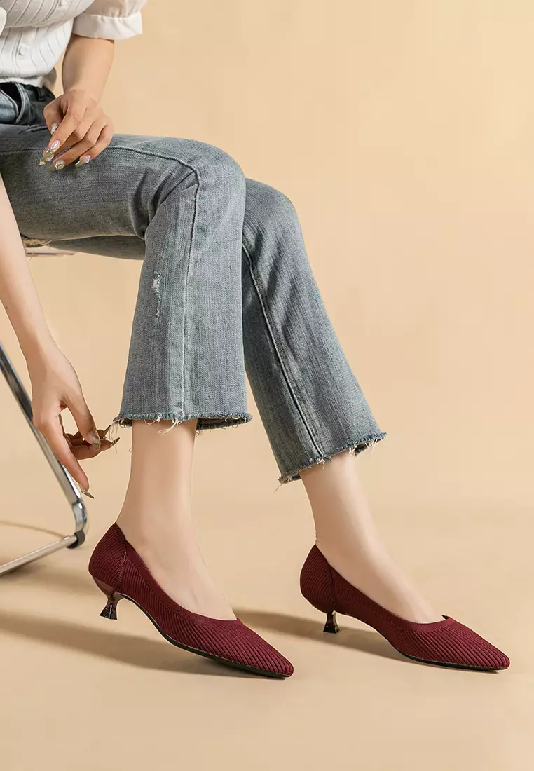 3.5CM ‌Pointed-toe Fly Knit‌ Kitten Heels‌ TJ1507