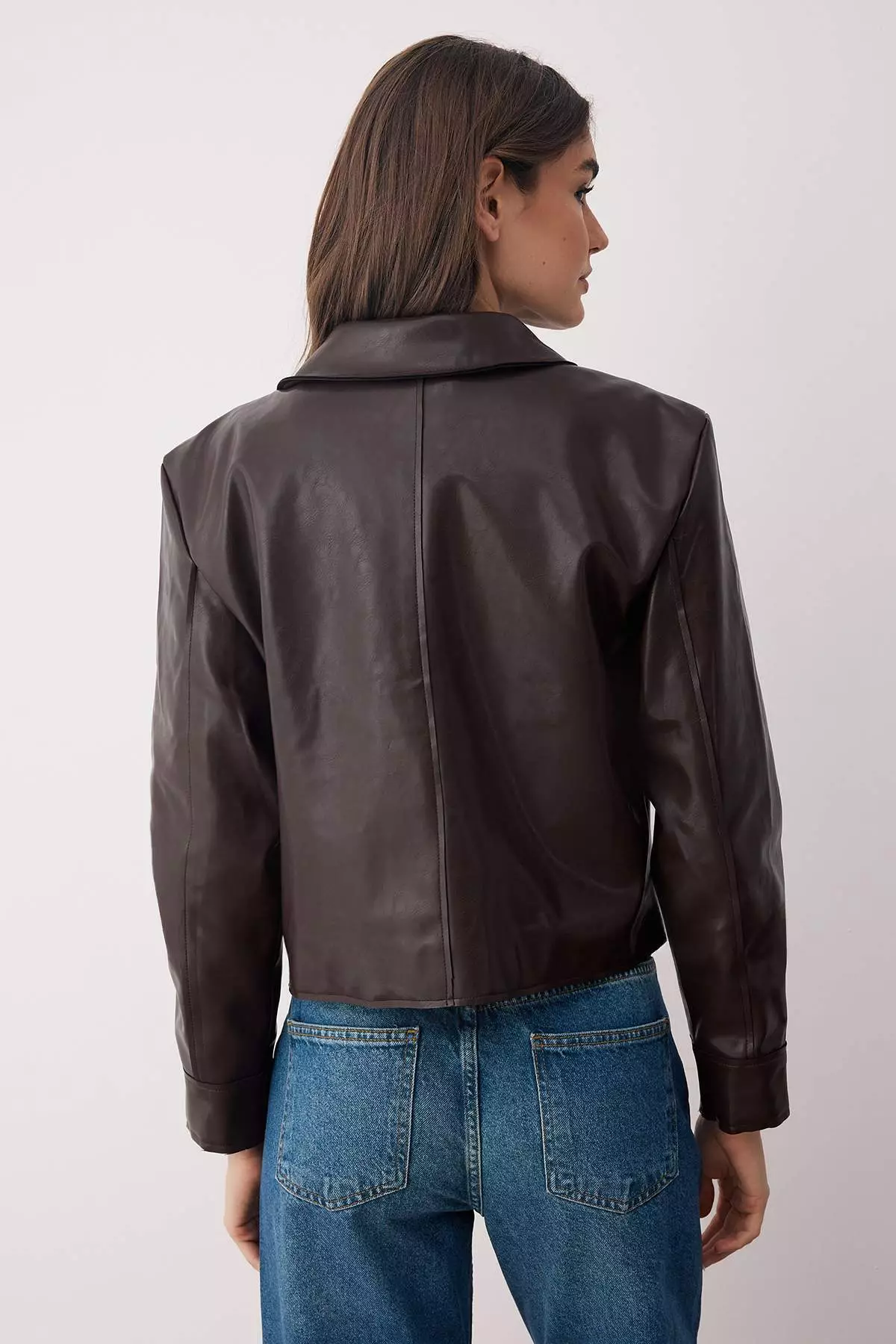 Dark Brown Faux Leather Shirt Collar Woven Jacket Twoaw26Ce00008