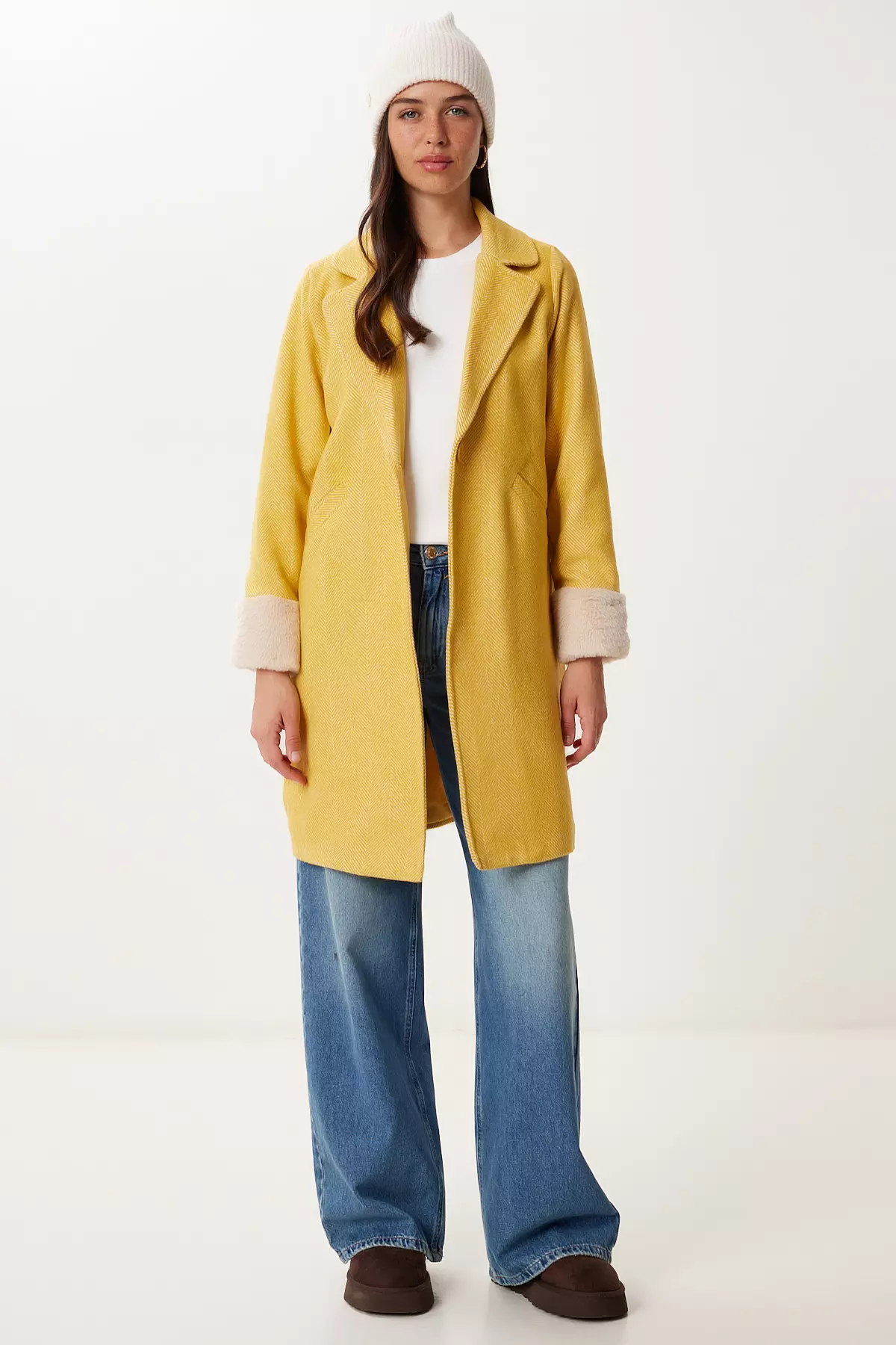 Women's Mustard Double Breasted Collar Fur Cashmere Coat Dd01367