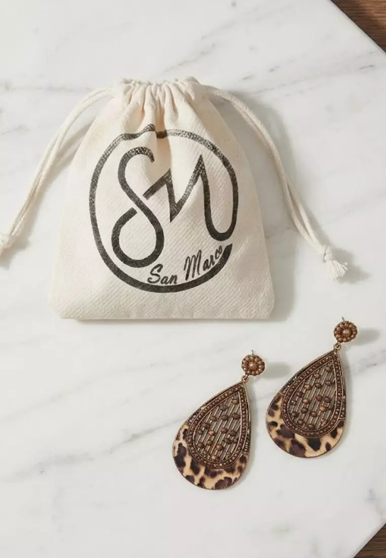 Aksesoris Anting Wanita Leopard Print Embellish Diamante Drops Earring Brown