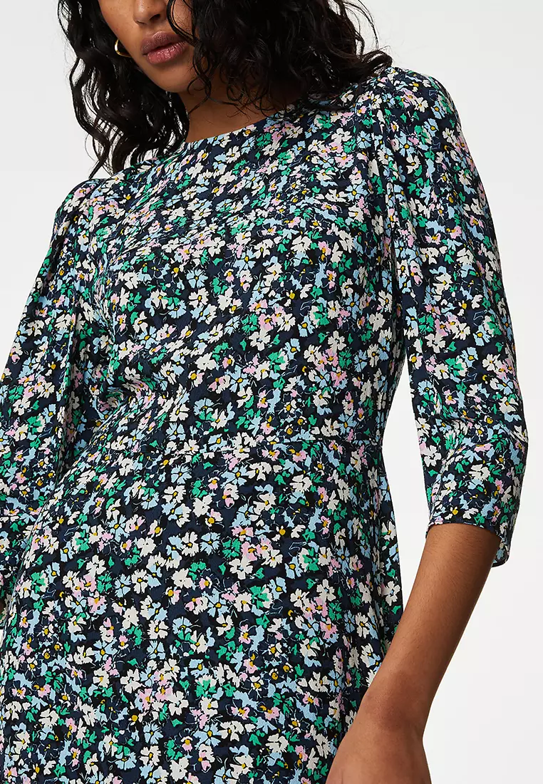 Floral Round Neck Midi Tea Dress