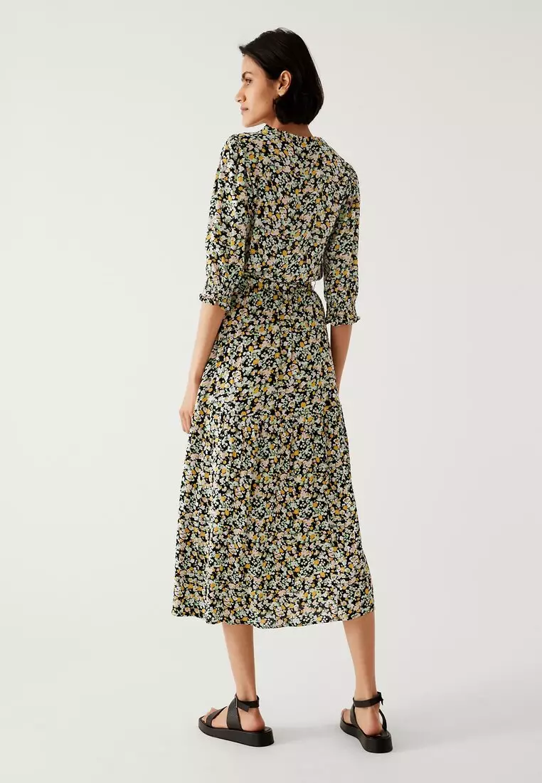 Printed V-Neck Midi Waisted Dress