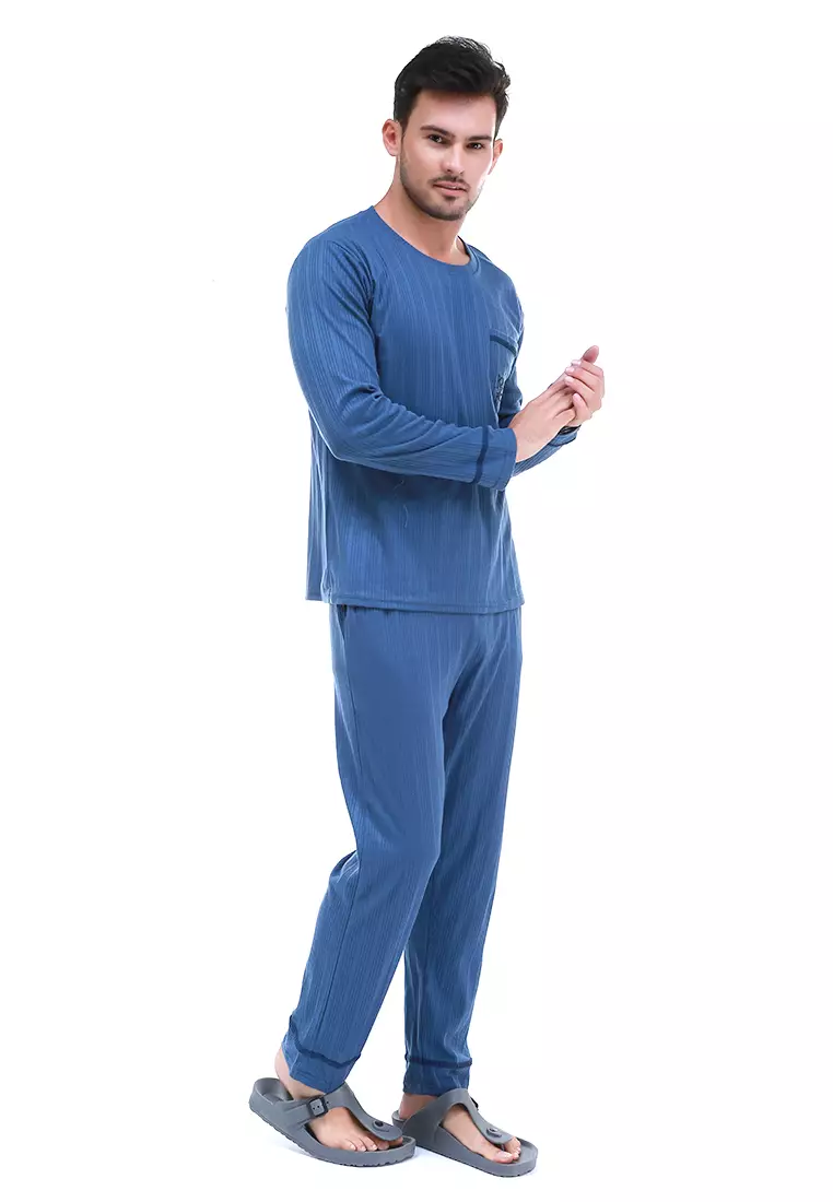 Klicin Setelan Baju Tidur Piyama Pria Word Pockets One Set Sleepwear Pajamas Material Fabric ORIGINAL - Navy