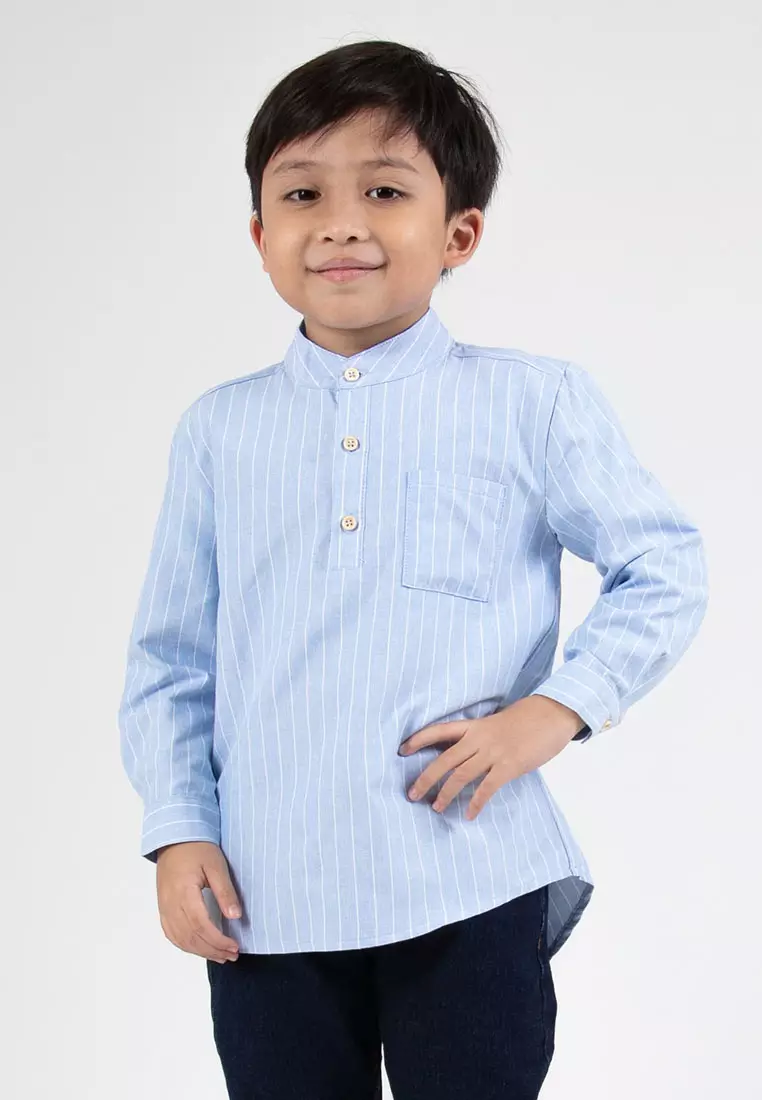 Forest Kids Boys Cotton Striped Long Sleeve Collar Shirt | Baju Kemeja Budak Lelaki Lengan Panjang - FK20262-31Blue