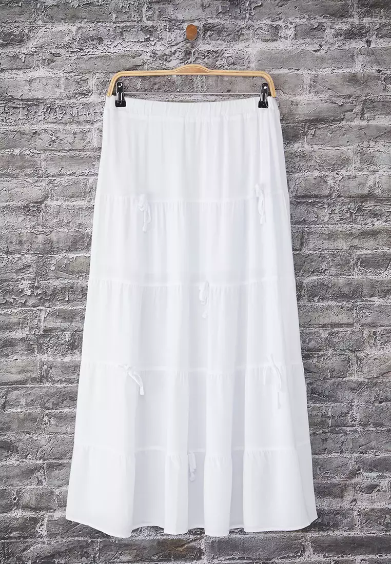 White Bow Detailed A-line Pattern Flounce Maxi Skirt TWOSS25ET00090