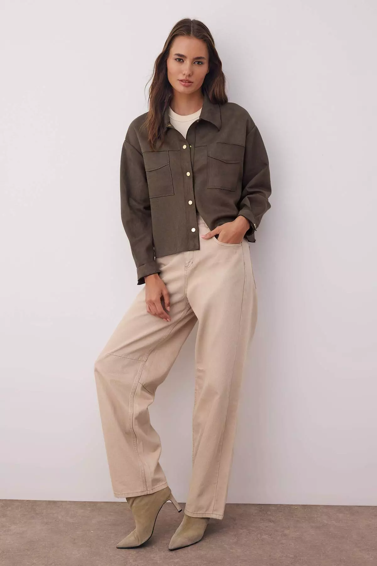 Khaki Gold Button Detailed Suede Shirt Jacket