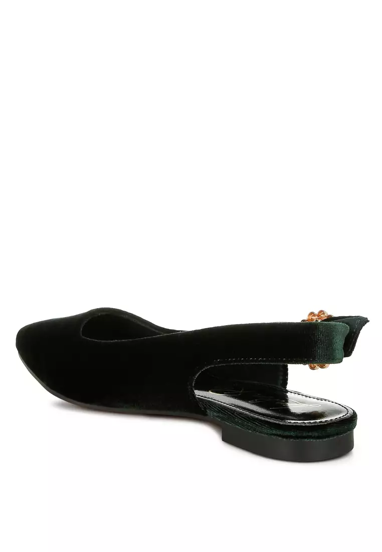Velvet Slingback Flat Sandals in Green