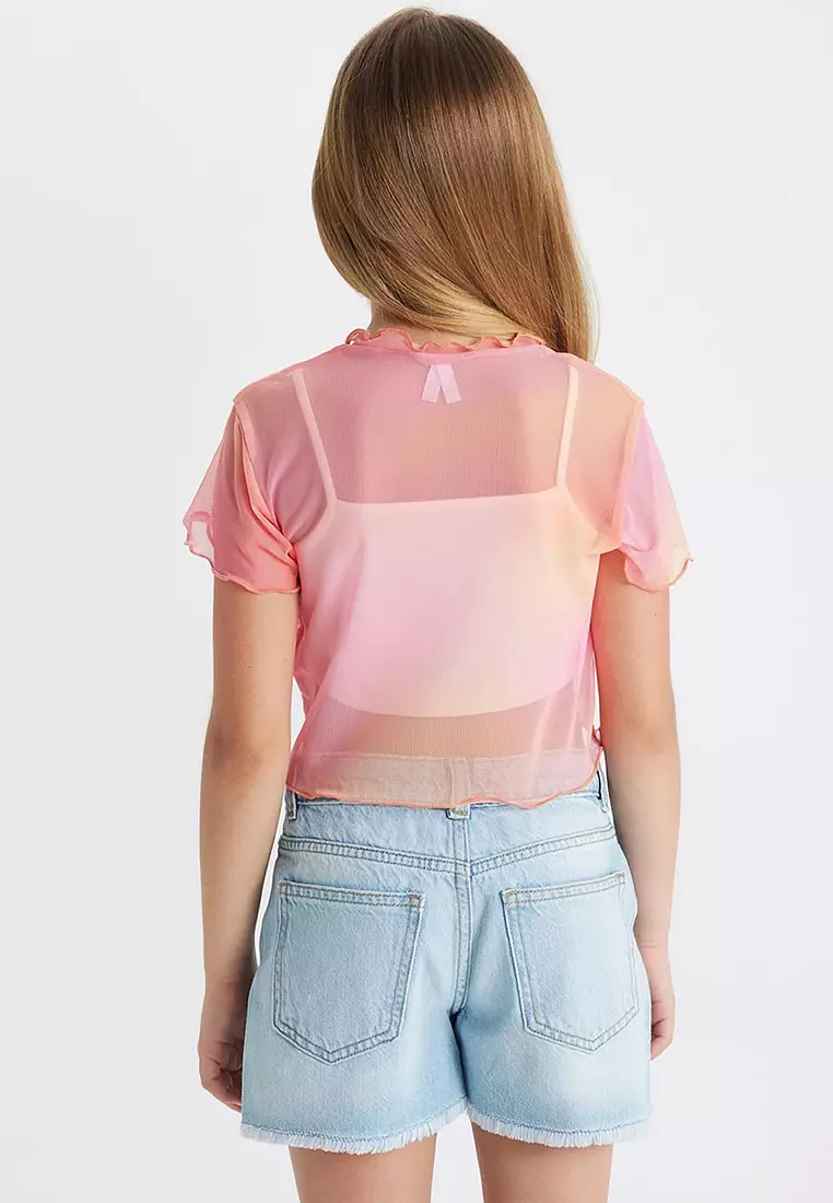 Crop Crew Neck Gradient Printed Tulle Short Sleeve T-Shirt Undershirt 2-Piece Set