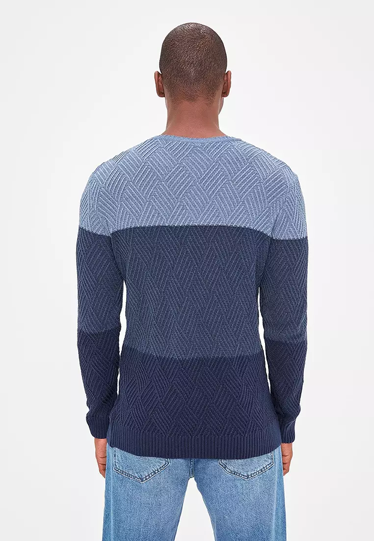 Indigo Regular Crew Neck Color Block Sweater Tmnaw20Ls0026