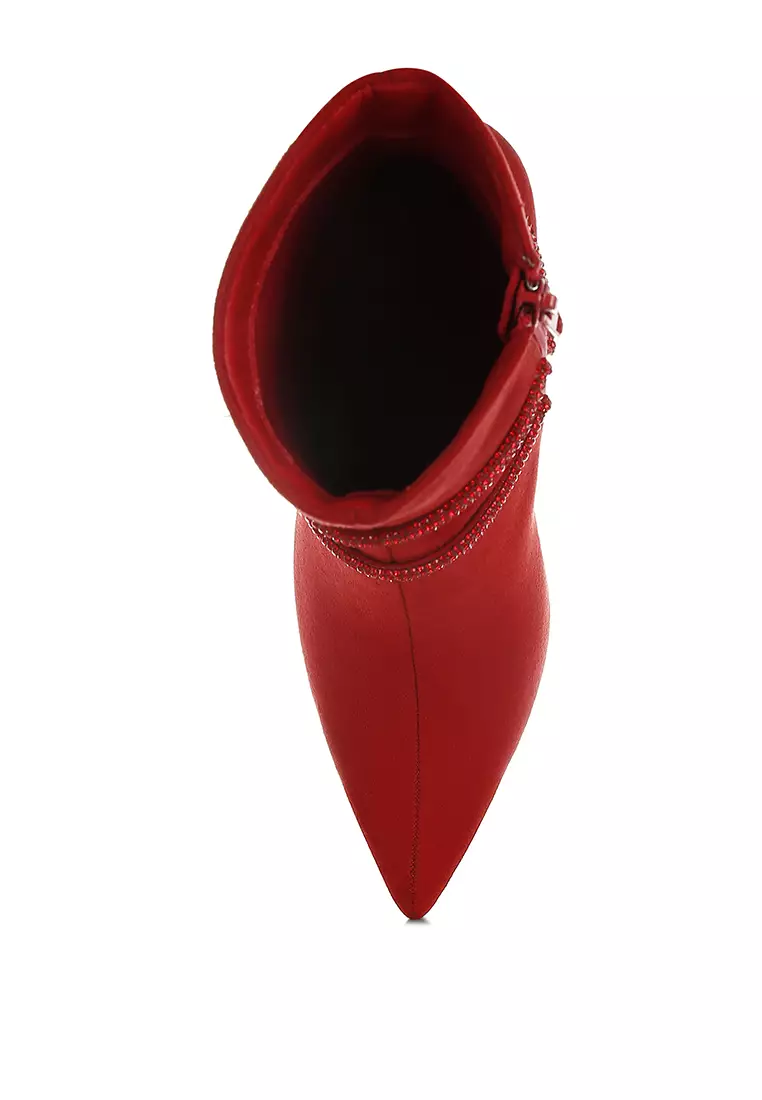 Rhinestone Wrap-Around Stiletto Boots in Red