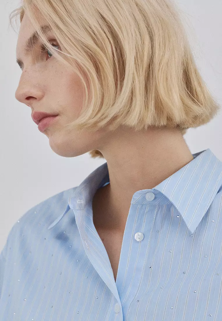 Rhinestone Striped Cropped Shirt