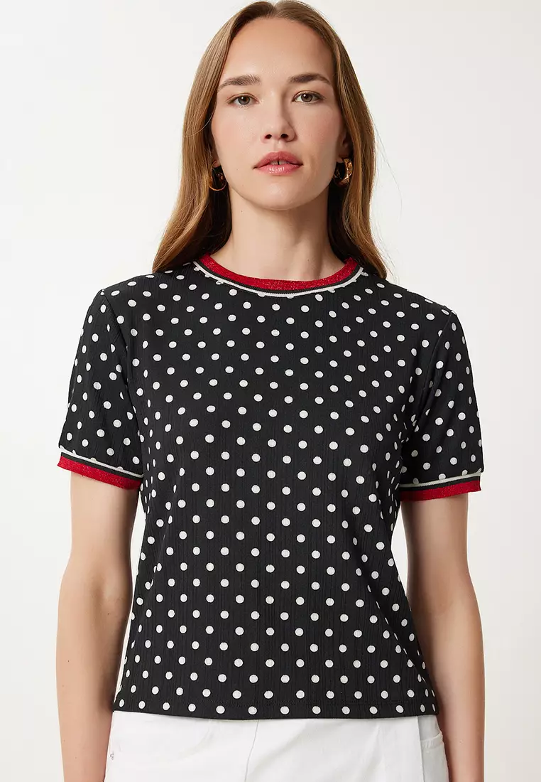 Women's Black Ecru Patterned Flexible Knitted Blouse Tp00078