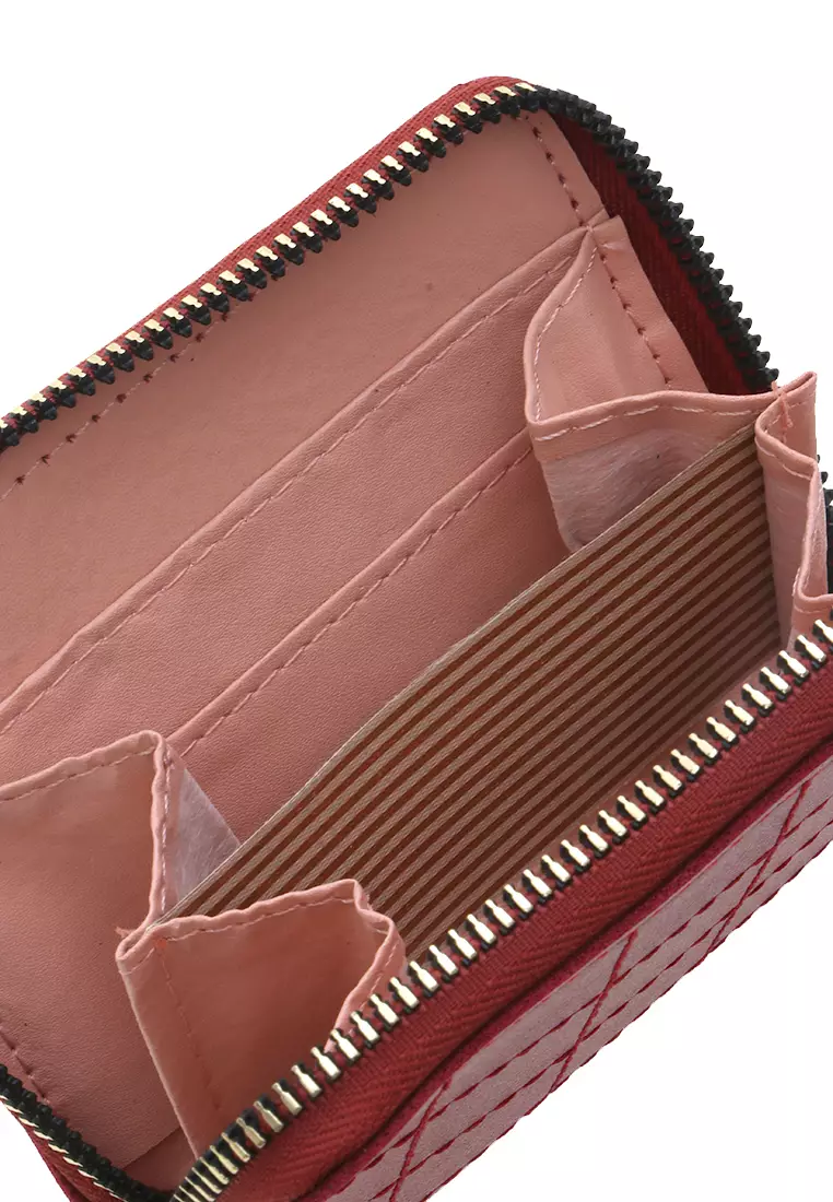 Dompet Zip Motif Kotak-Kotak Design Casual Small Wallet Premium Quality - Merah