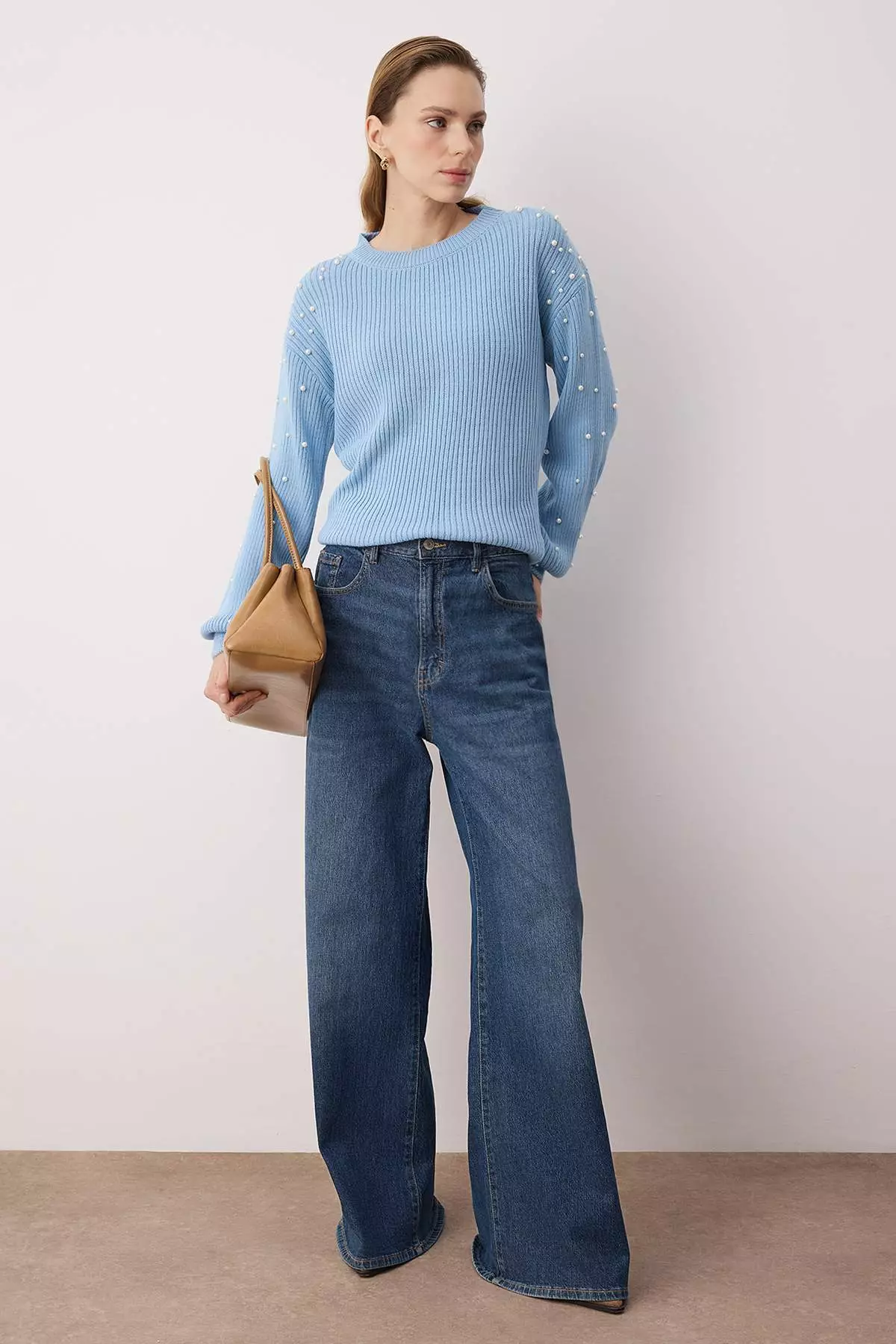 Light Blue Pearl Detailed Crew Neck Knitwear Sweater Twoaw22Kz1493