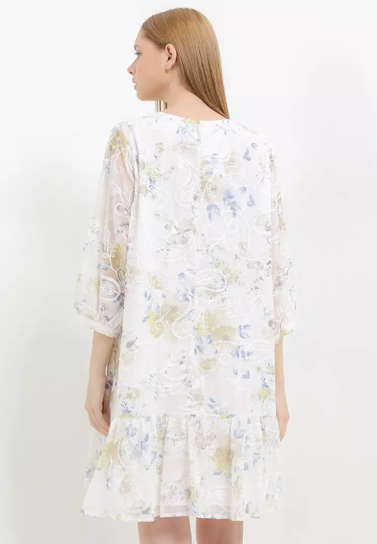 L/S V-Neck Flo Print Parsley Emb Chiffon Ruffle Hem Dress