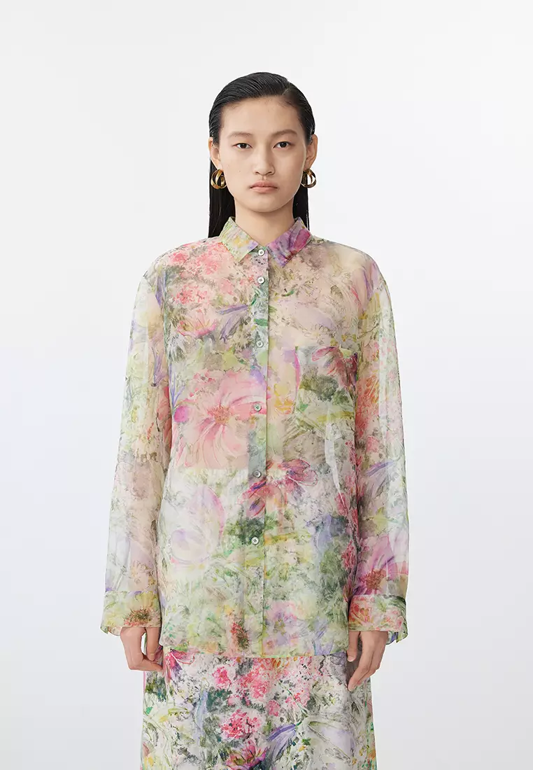 全真絲水彩花卉花型寬鬆長袖襯衣