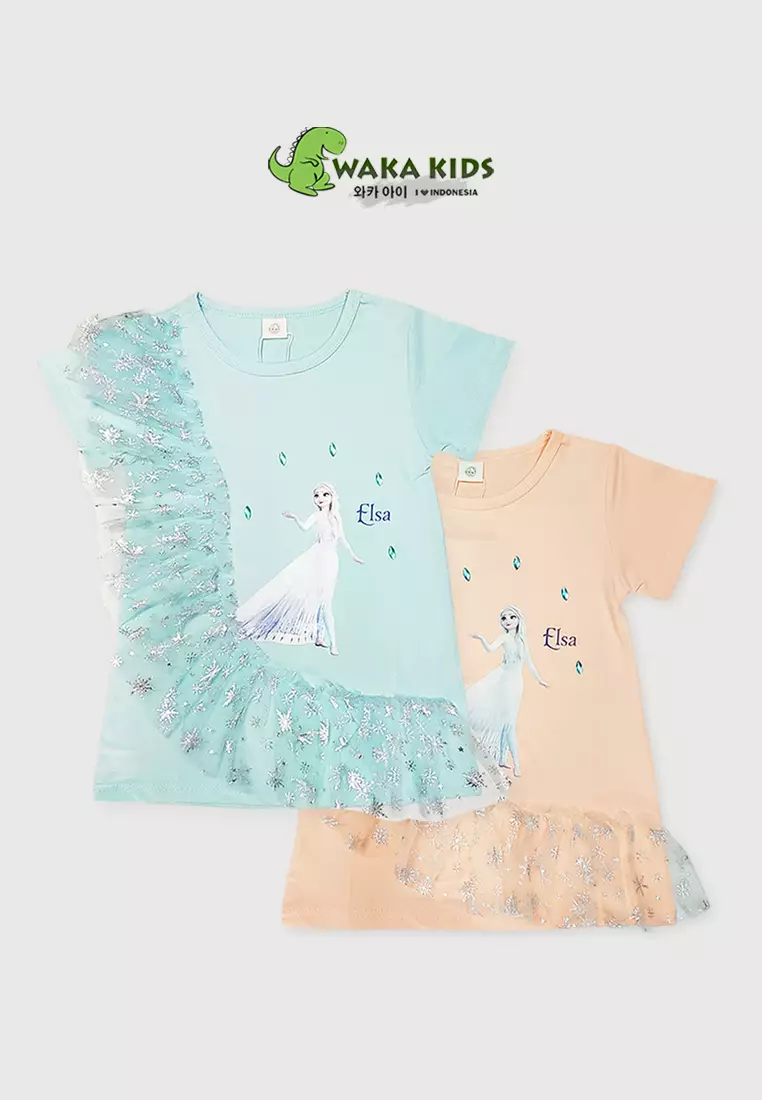 Wakakids Dress Anak Perempuan Lengan Pendek Rumbai Daster Karakter Motif Elsa Frozen 4490 Venrz Pink Peach