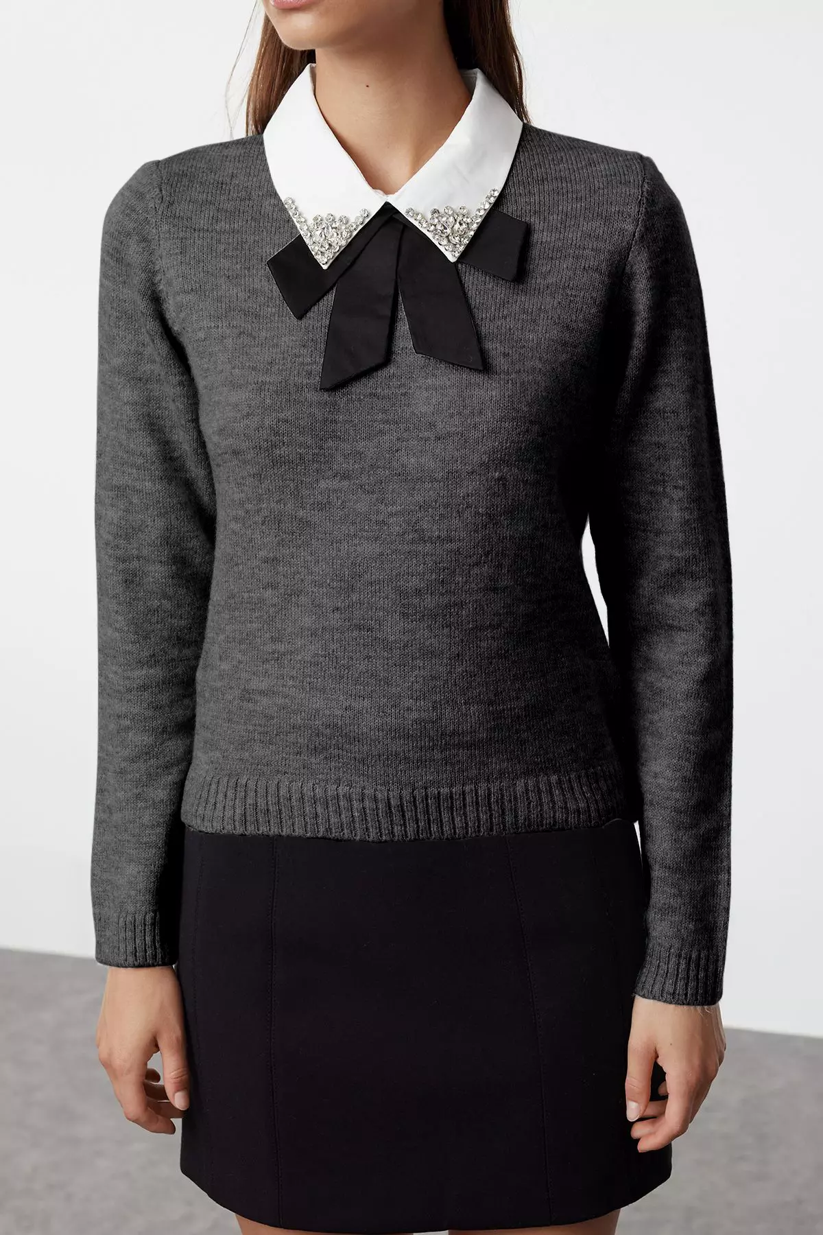 Anthracite Soft Textured Shirt Garnish Ribbon/Bow Detail Stone Knitwear Sweater