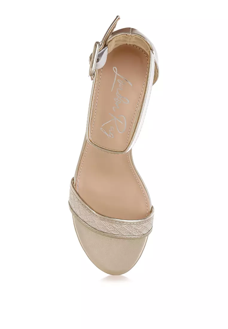 Metallic Faux Leather Kitten Heel Sandals In Gold